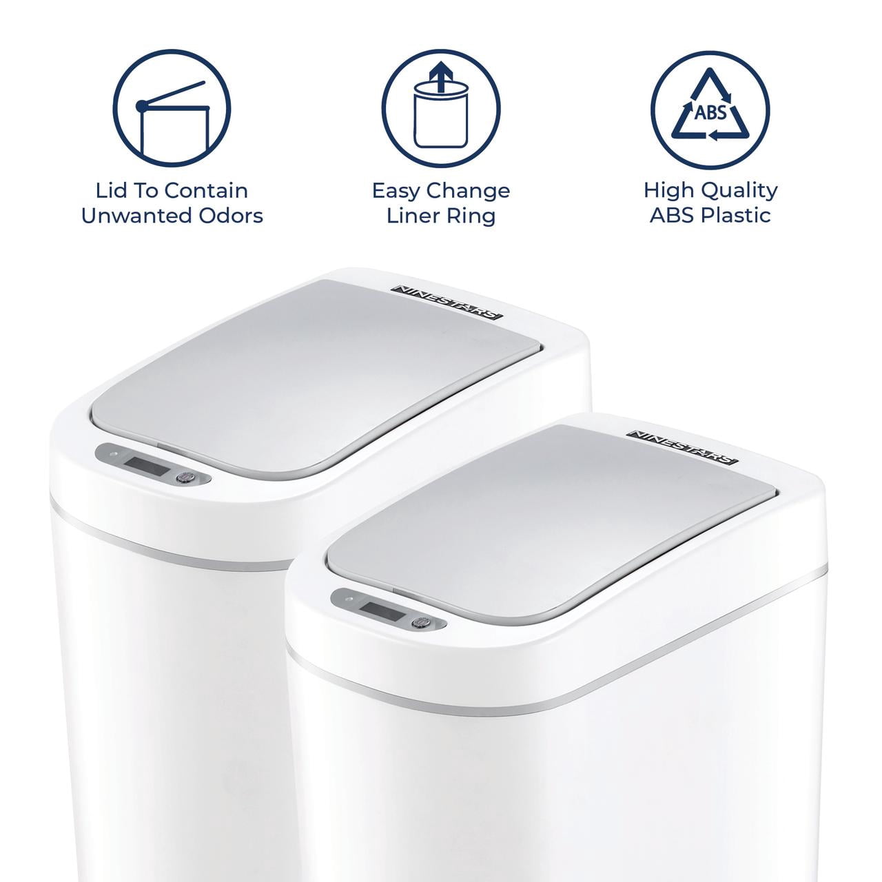 Nine Stars Automatic Bathroom Trash Can, 2 Gallon Plastic, Motion Sensor Garbage Bin with Soft Close Lid, White, 2 pack