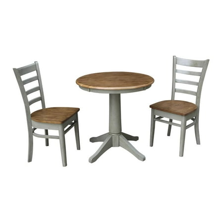 30 Round Solid Wood Pedestal Dining Table with 2 Emily Ladder Back Dining Chairs in Distressed Hickory/Stone