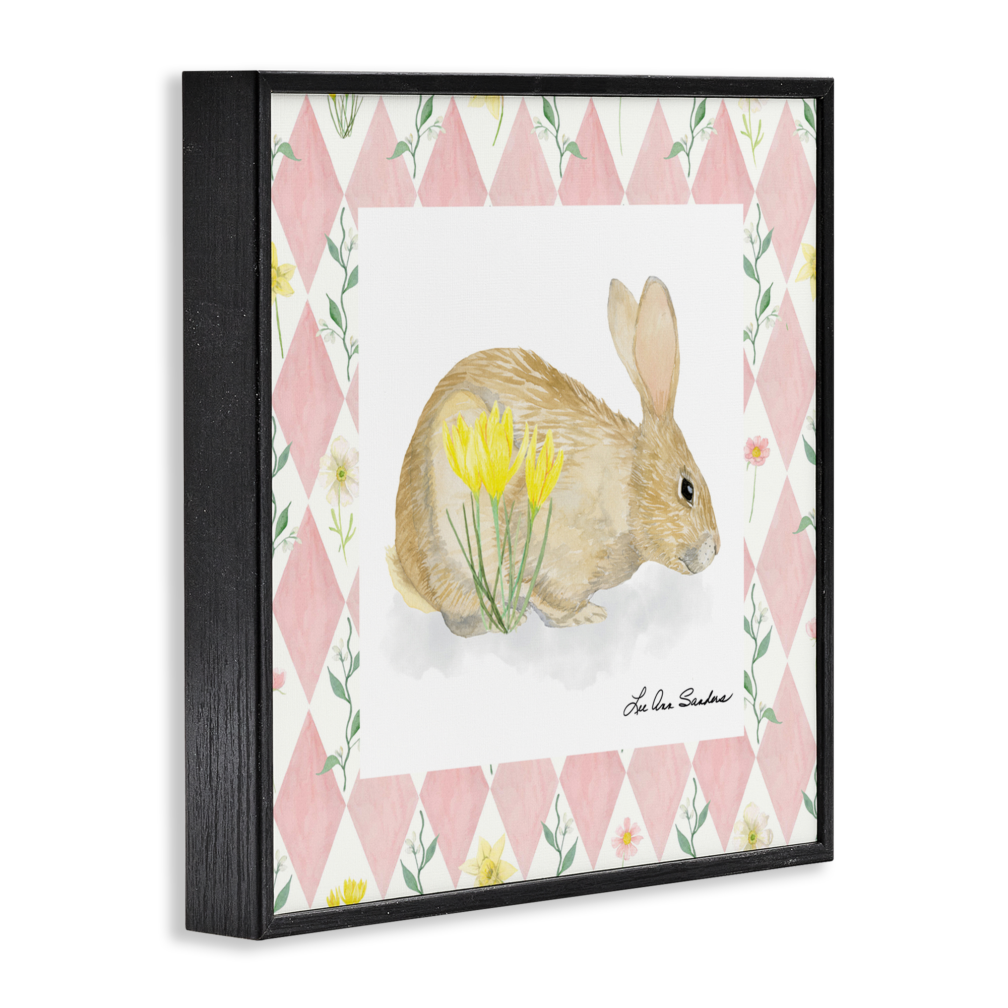 Buttercup Bunny on Pink Argyle Black Framed Giclee Art, design by Lee Ann Sanders
