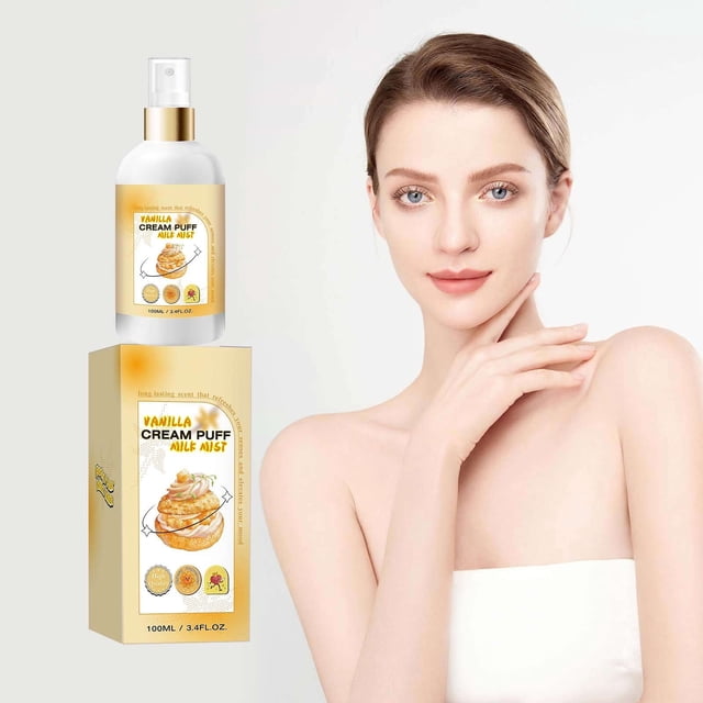 cremas e hidratantes spray corporal de crema de vainilla para mujer, leche corporal hidratante de crema de vainilla 100 ml, crema facial Frontal del frasco spray Vanillal Cream Puff Milk 100 ml con atomizador dorado y etiqueta ilustrada de cream puff; caja a juego al frente; 3/4 con modelo femenina de hombros descubiertos sobre fondo blanco que sugiere uso corporal y facial; tamaño viaje, suele usarse para refrescar piel y cabello.
