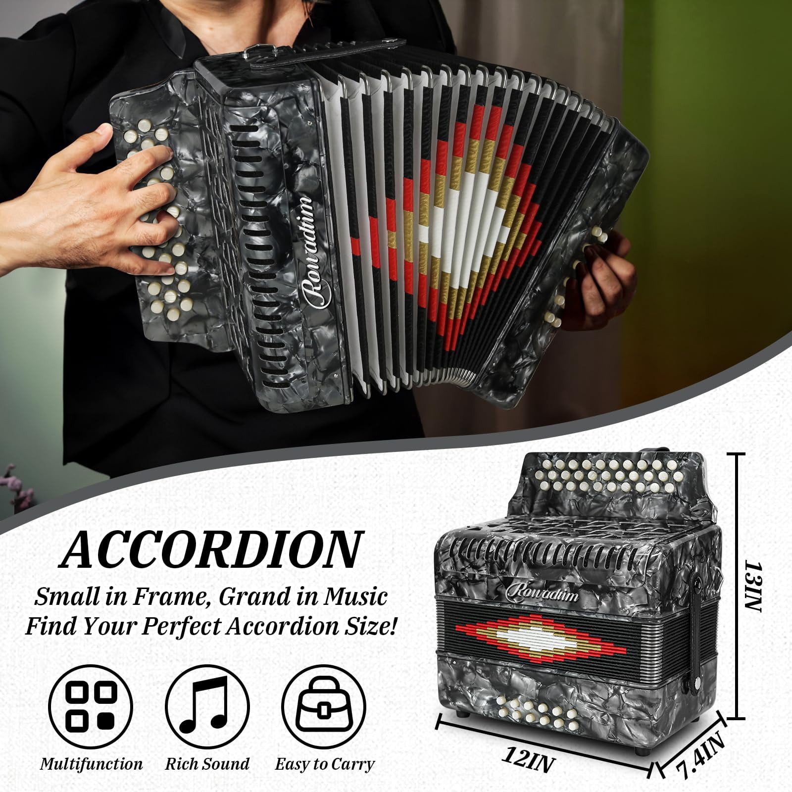 Rowadtim Accordion - 31 Keys, 12 Bass Professional Diatonic, Premium Portable Button Accordion for Adults & Beginners with Thick Protective Case (Gray)