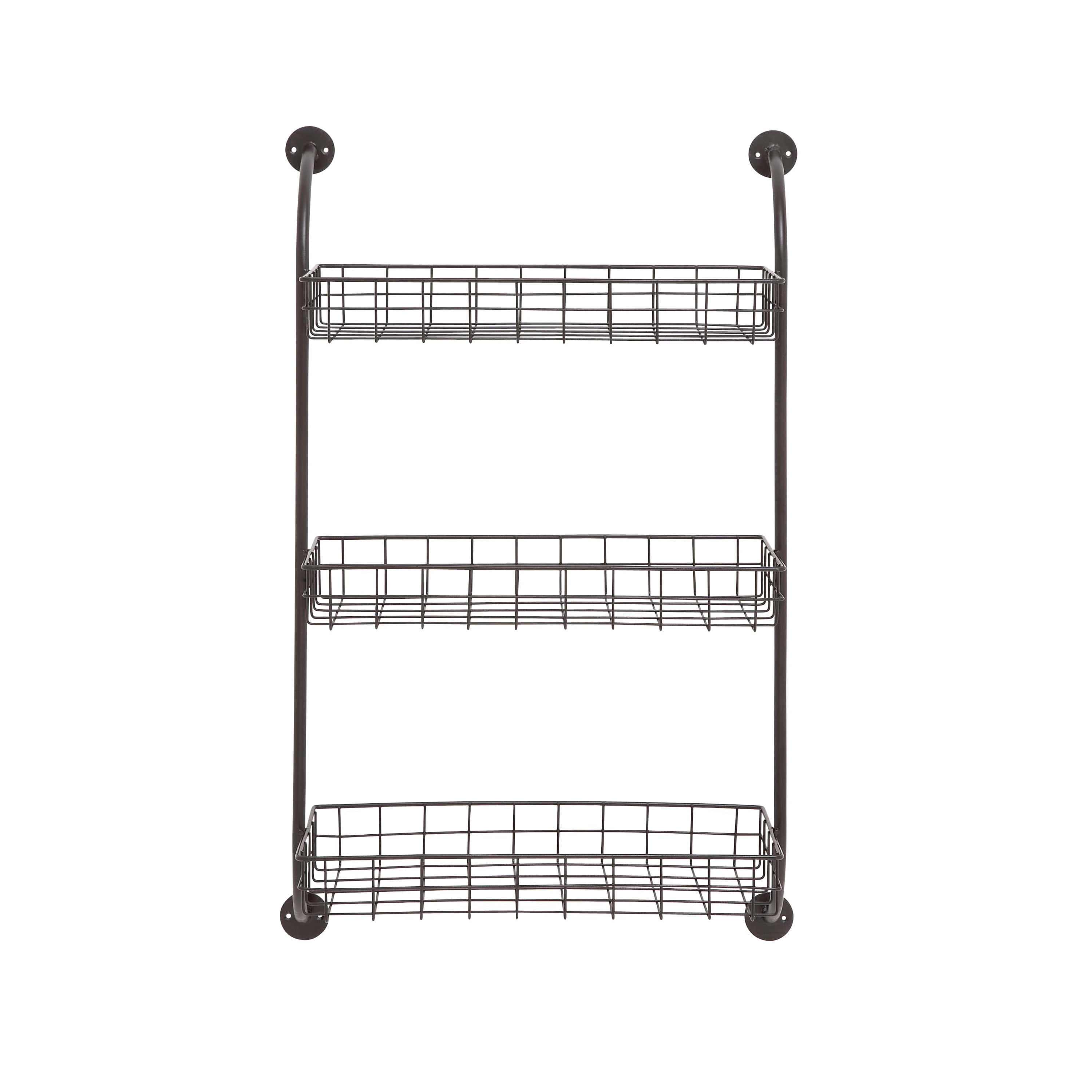 DecMode Black Metal 3 Shelves Room Wall Shelf with Suspended Baskets, 21" x 10" x 34"