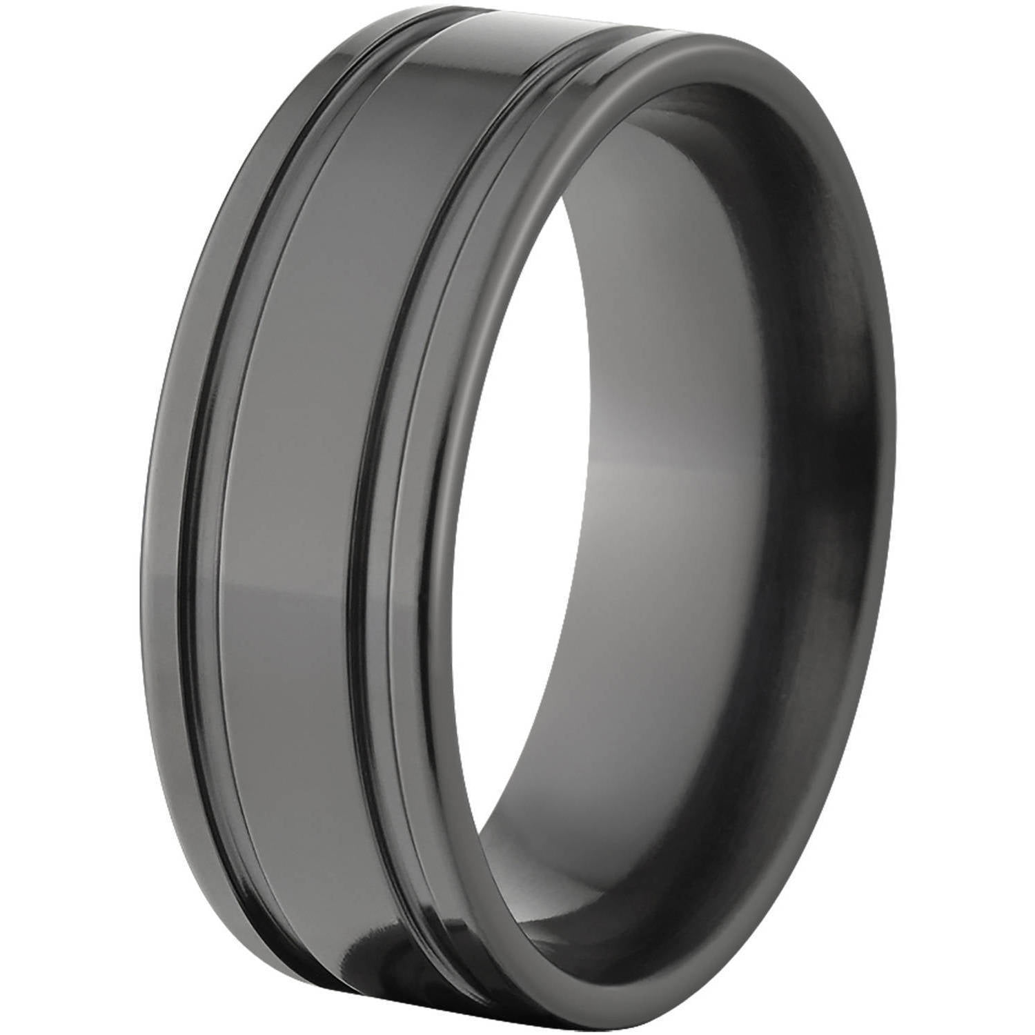 8mm Flat Black Zirconium Ring with Two Grooves and a Polished Finish