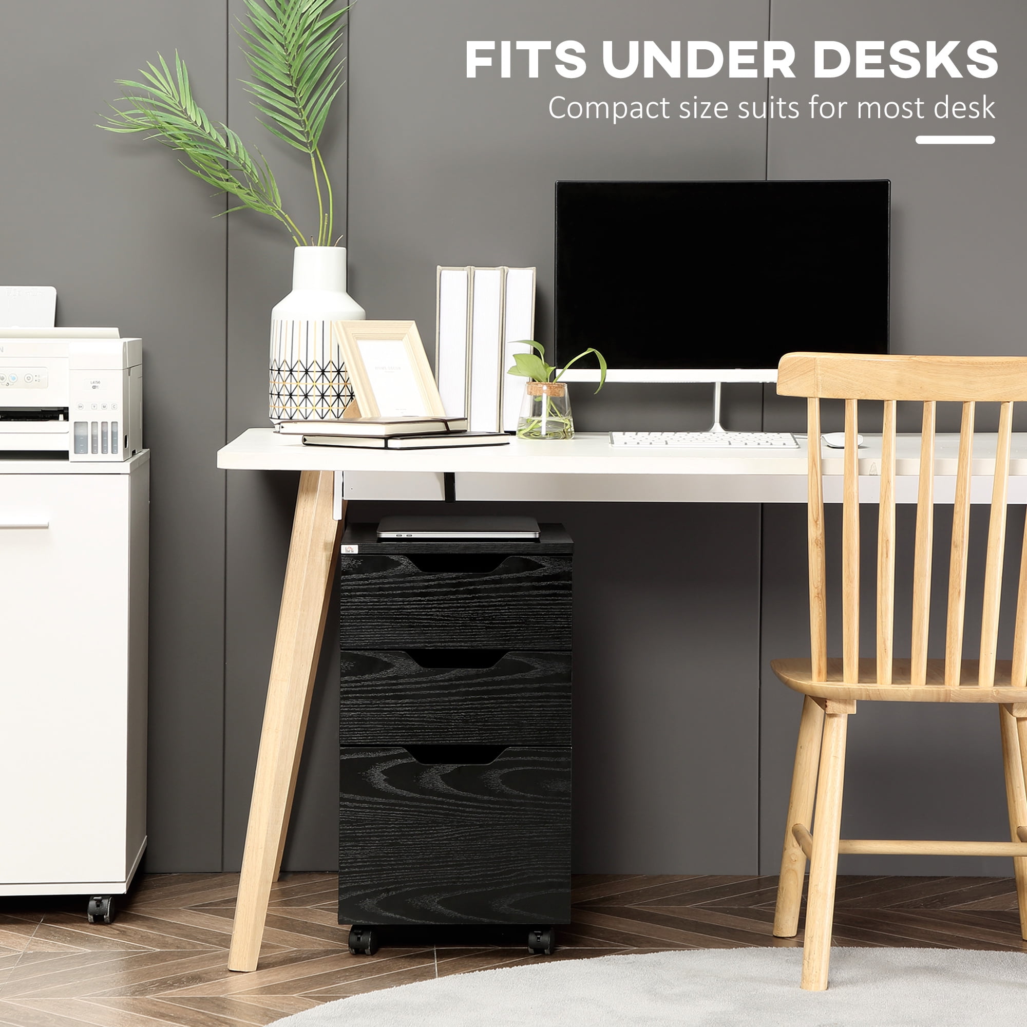 HOMCOM 3 Drawer Office Storage Cabinet, Under Desk Cabinet with Wheels, Black Wood Grain