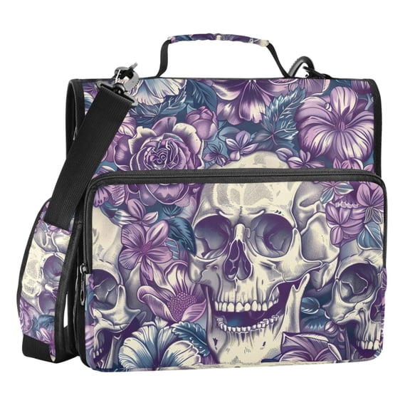ALAZA Zipper Binder Skull Purple Flowers 3 Ring Trapper Keeper File Folder Organizer Bag