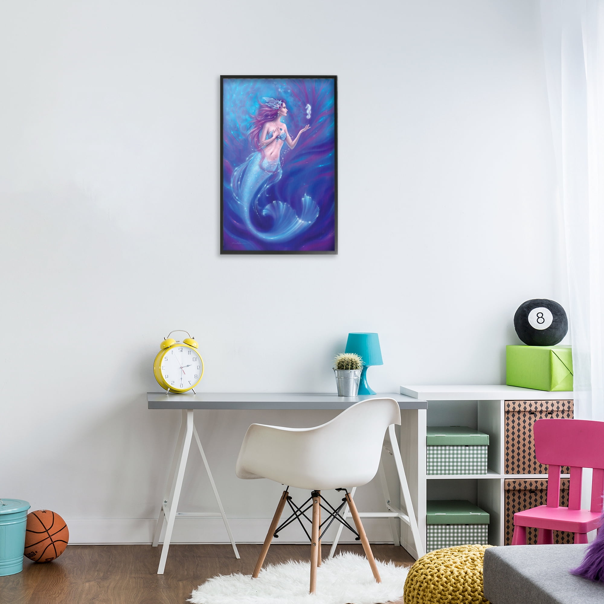 Jewel Bedecked Mermaid & Seahorse Black Framed Giclee Art, design by Rachel Anderson