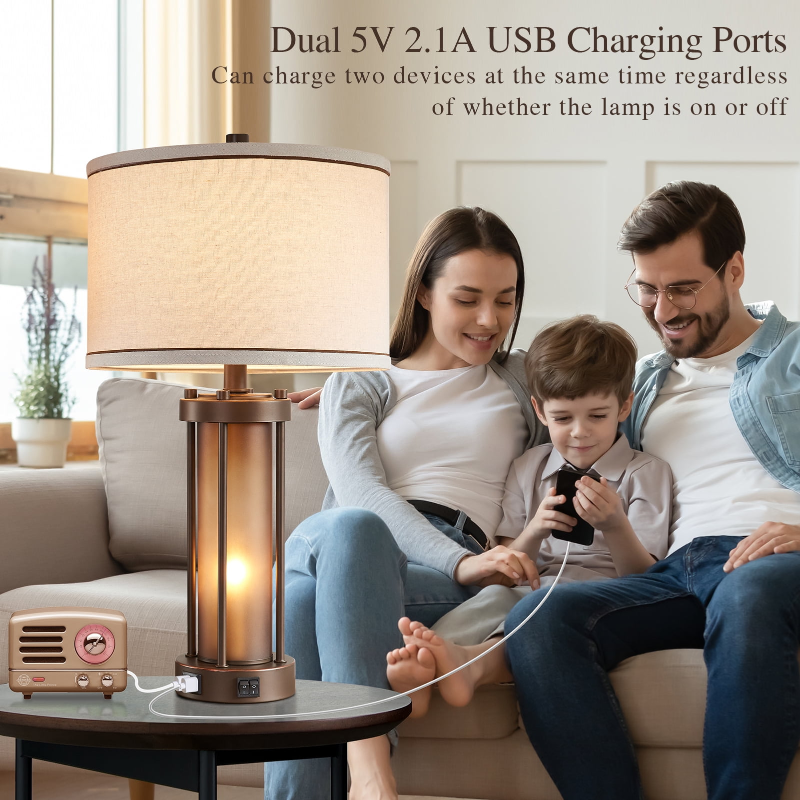 RORIA 24”Living Room Table Lamps Set of 2, Modern Farmhouse Style, Features Dual USB C&A Charging Ports and Night Light, Suitable for Bedrooms and Bedside Tables