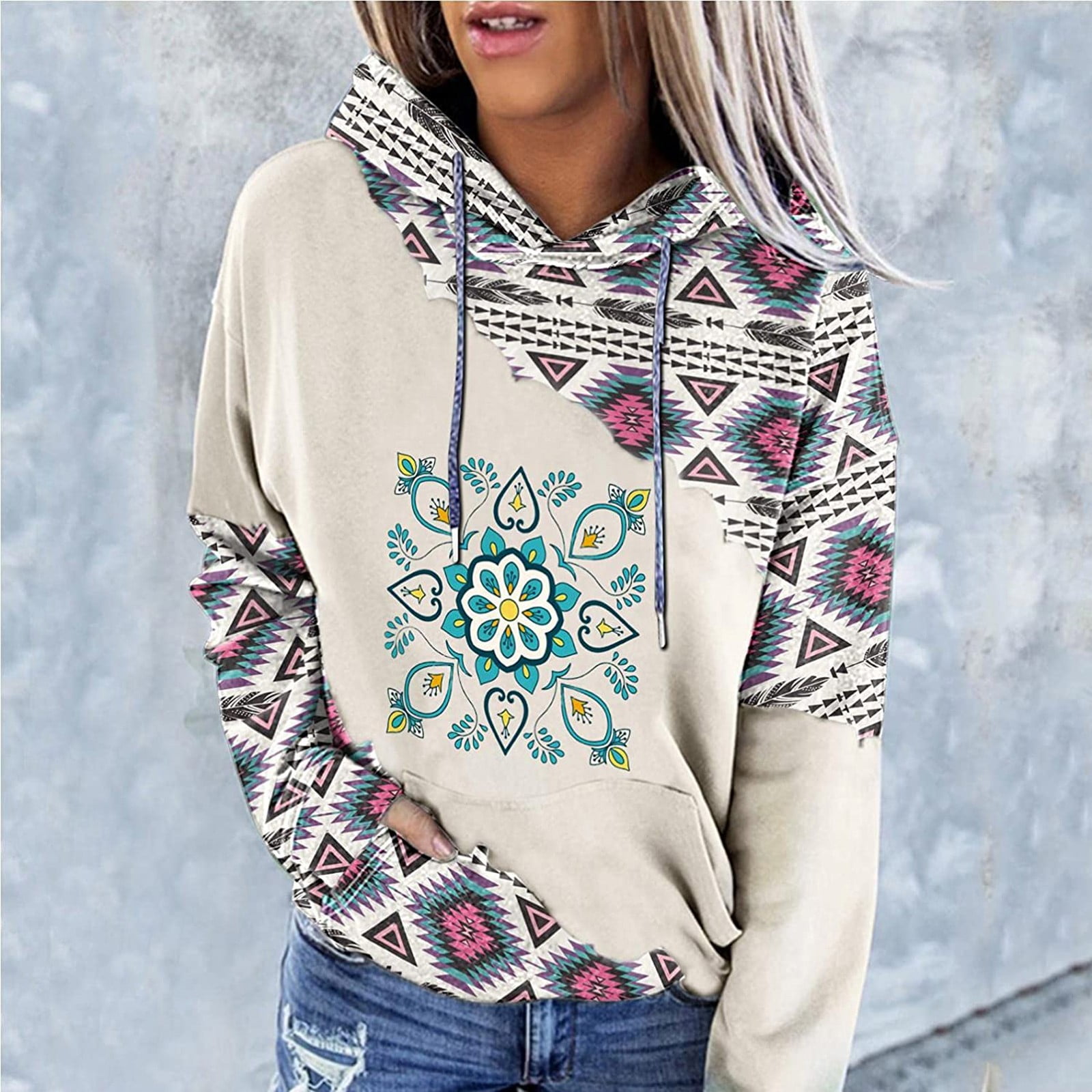 TMGONE Womens Aztec Hoodie Geometric 
