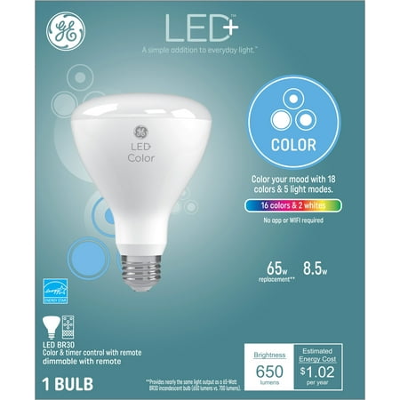 GE LED+ Color Changing Indoor Floodlight Bulb, 10 Color Settings with Remote Included, 65-Watt Replacement, No Hub Required, Dimmable (1 Pack)