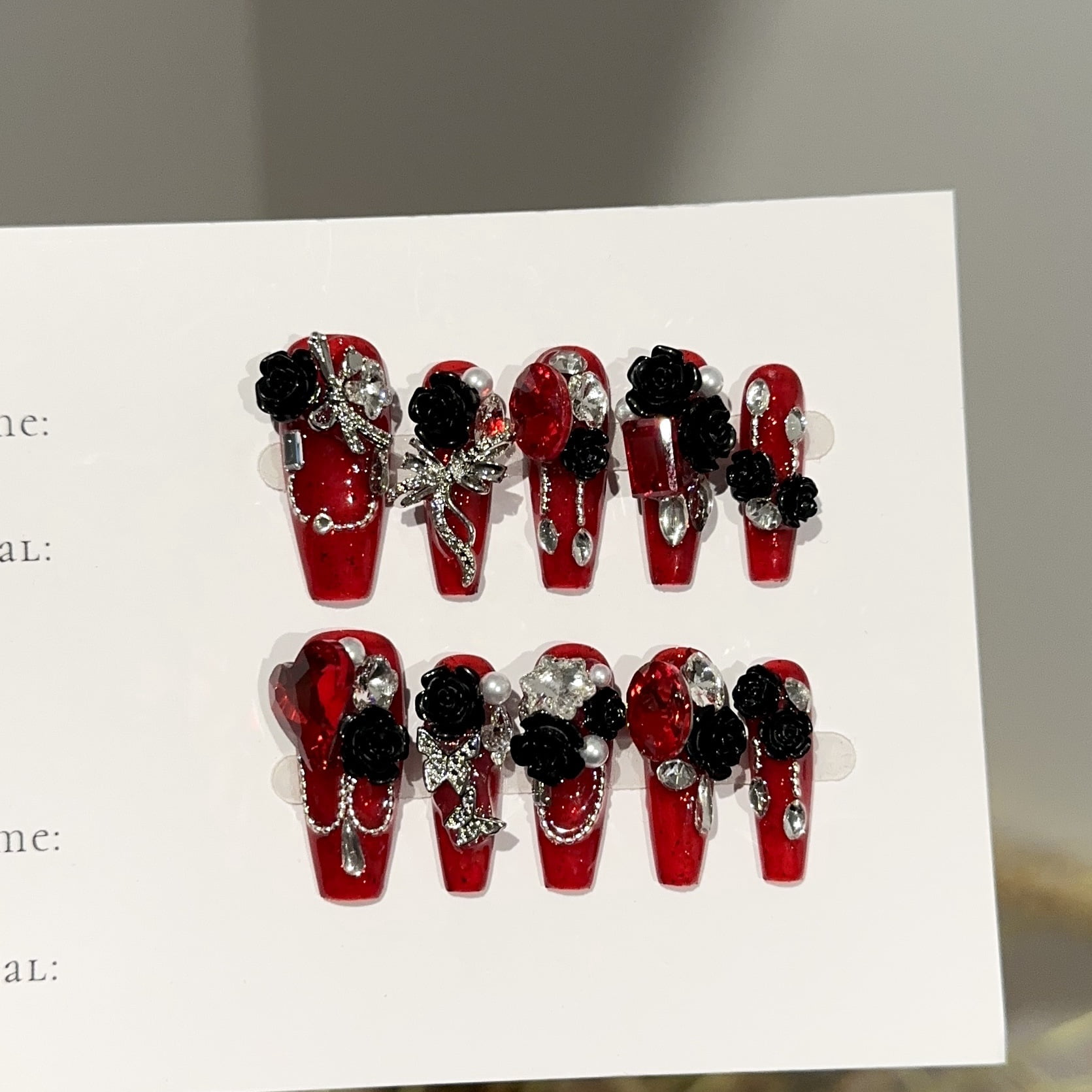 Purely handmade wearing nail advanced sense autumn and winter burgundy long nail art piece camellia red diamond fake nail patch