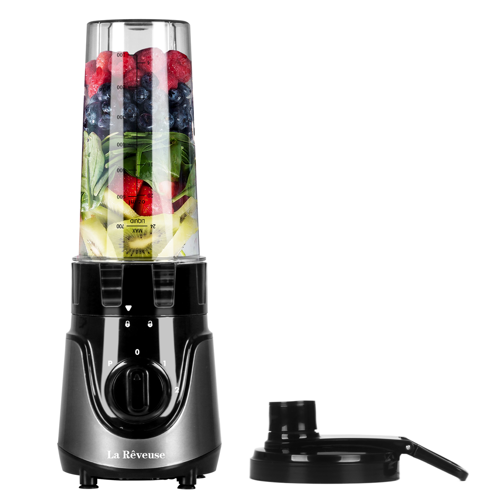 La Reveuse Personal Size Smoothies Blender 300 Watts with 24 oz BPA Free Portable Travel Sports Bottle (Grey)