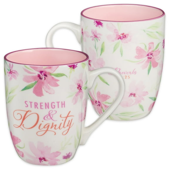 Christian Art Gifts Inspirational Ceramic Coffee & Tea Scripture Mug for Women: Strength & Dignity Encouraging Bible Verse, Microwave & Dishwasher Safe Novelty Drinkware, White & Pink Floral, 12 oz.