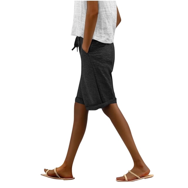 Pantalones Cortos de Entrenamiento con Bolsillos para Mujeres, Cintura Elástica de Color Sólido, Pantalones Cortos Deportivos