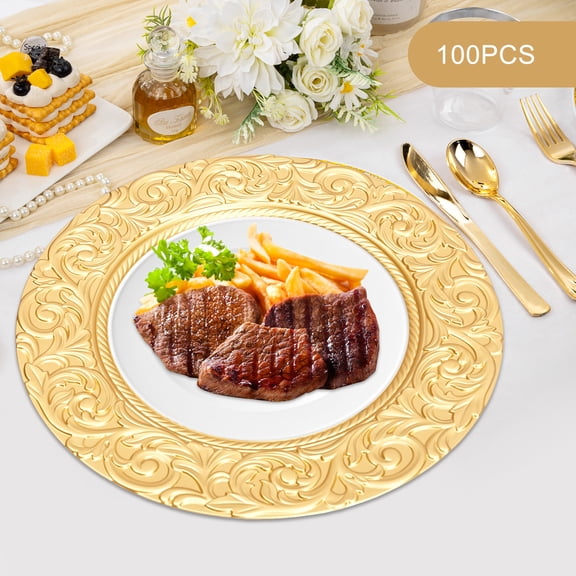 13" 100 Pcs Charger Plates Set, Round Reusable Party Chargers, Lightweight PP Decorative Dinner Plates with Spray Paint Finish for Events, Wedding, Home & Commercial (Gold)
