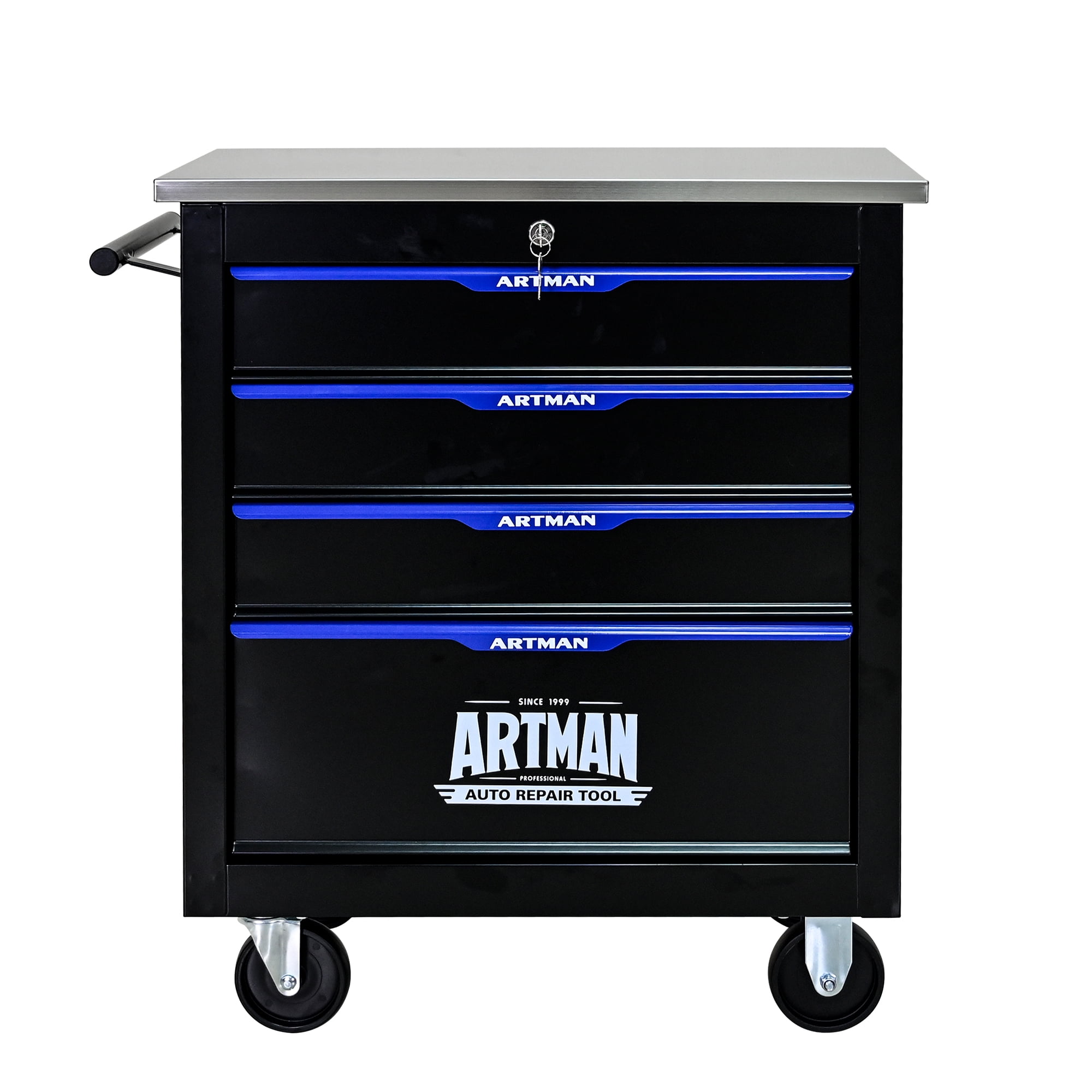 POVANLi 4 Drawers Multifunctional Tool Cart with wheels,Key Locking and 4 Toolbox On Wheels, Metal,Suitable for Garages,Warehouses,Workshops,Repair Shops(Black+Blue)