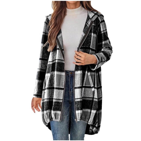 Women's Casual Plaid Coats Medium Length Fashion Long Sleeve Zipper Hooded Jackets Lightweight Pocket Outerwear Black L
