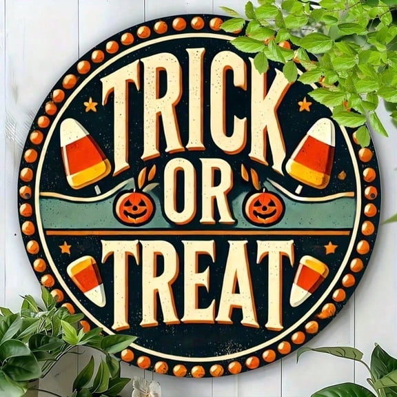 HELLOYOUNG Vintage Halloween Decor Round Wall Art Sign, Trick or Treat Metal Tin Sign for Indoor Outdoor, Halloween Party Decor, Rustic Home Wall Decor Aluminum Metal Sign