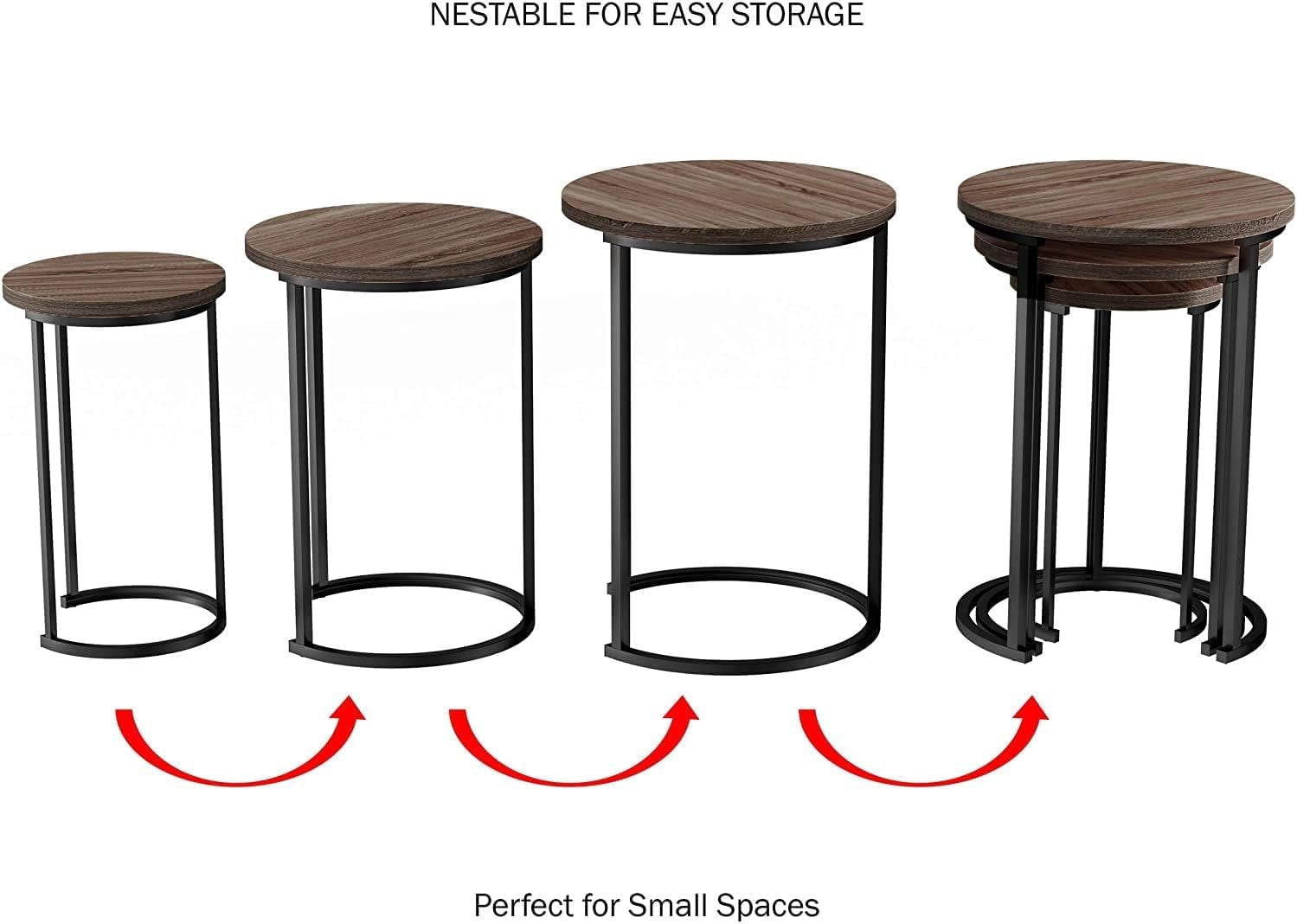 HYGRAD BUILT TO SURVIVE Set of 3 Round Wooden/Steel Nesting Side Stacking Sofa Side Coffee Tables, Small Space Coffee Tea Table for Hallway Living Room Bedroom, Home, Office