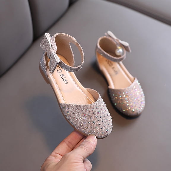 BRGZLK Kids Girls Sequin Rhinestone Sandal Spring Summer Closed Toe Soft Sole Low Heels Bow Ankle Strap Wedding Party Cute Princess Shoes Gold 8(Little Kids)