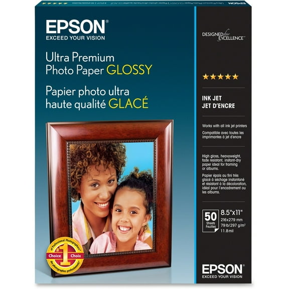 Epson Ultra-Premium Glossy Photo Paper, 11.1" x	8.7" x 0.6", 50 Sheets/Pack, White