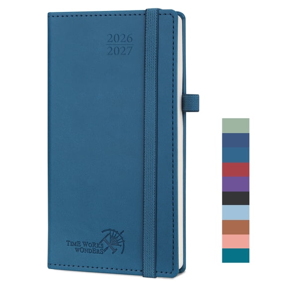 POPRUN Pocket Planner 2026-2027, 3.5" x 6.5", (Aug 26-Dec 27) Academic Pocket Calendar for Purse with Storage Pocket, Vegan Leather Hardcover - Night Sky Blue