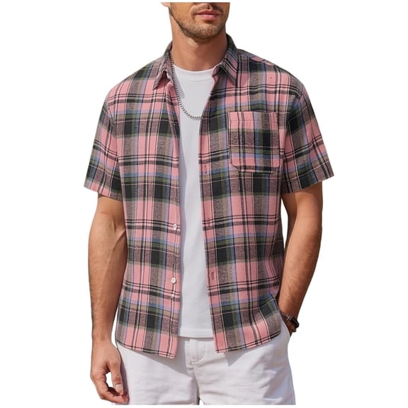 Lenpel Men's Button down Shirts Plaid Short Sleeve Collared Fashion Dress Shirts Loose Casual Summer Tops with Pocket
