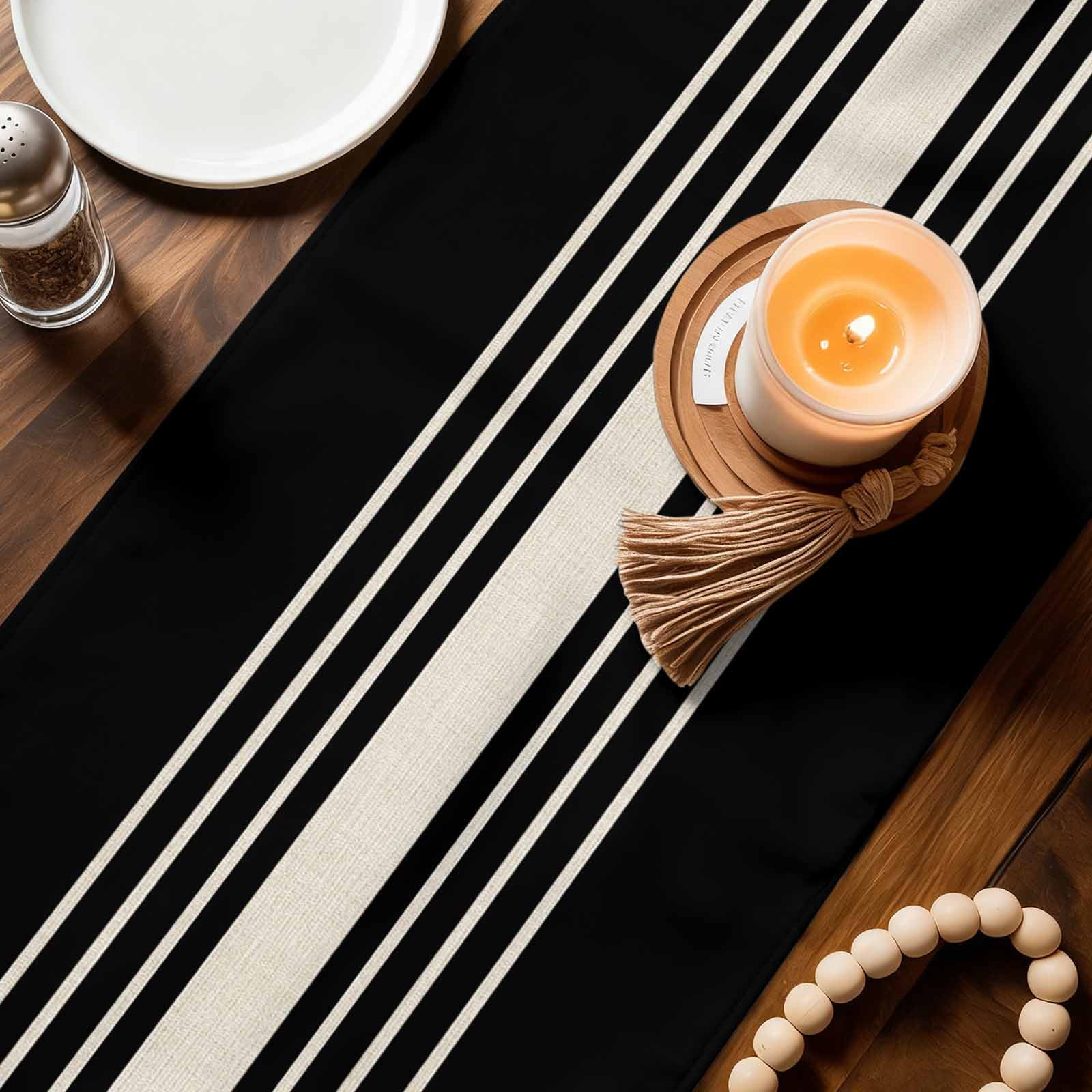 Black Beige Striped Table Runner Linen Burlap Table Runner 72 Inches Long Modern Farmhouse Retro Lines Dresser Scarves for Kitchen Island Coffee Dining Room Party Holiday Decoration 18"x72"