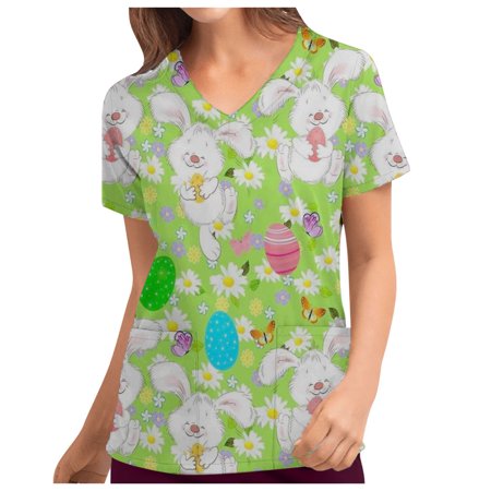 

Dolkfu Women s Scrubs Top Happy Easter Day Funny Bunny Print Shirts V Neck Short Sleeve Easter Egg Tunic Blouse Pocketed