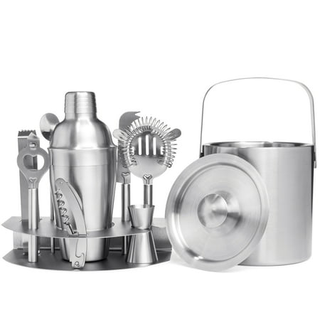 Bar Buckets Best Choice Products 10-Piece Stainless Steel Bar Set for Cocktails w/ Ice Bucket, Tongs, Shaker, Jigger, Strainer, Corkscrew, Bottle Opener, Stirrer, Cheese Knife, Stand, Silver ()
