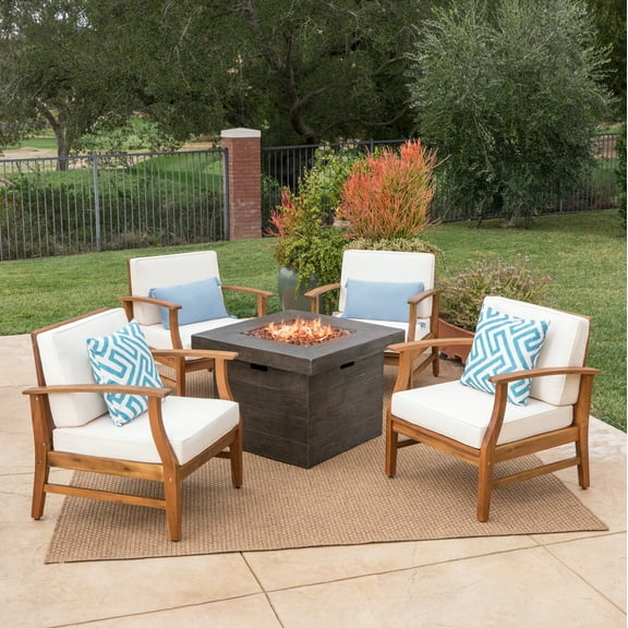 Killian Outdoor 4 Seater Finished Acacia Wood Club Chairs with Cushions and Fire Pit,Brown,Teak,Cream