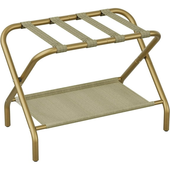 Gold Luggage Racks with Fabric Shelves - Heavy Duty Folding Suitcase Stand Holds 110lbs, Portable Bedroom & Hotel Storage Stands, Easy Assembly Steel Frame