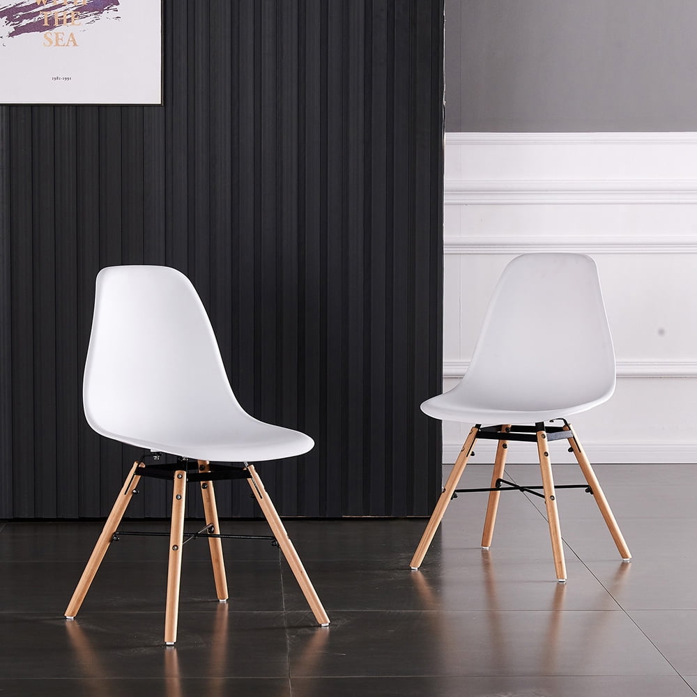 Kepooman Retro Plastic Shell Chairs with Solid Wood Legs, Set of 4, White Kepooman Retro Plastic Shell Chairs with Solid Wood Legs, Set of 4, White