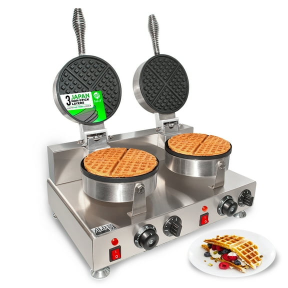 ALDKitchen Belgian Waffle Maker | Cone Maker and Waffle Iron | Round-Shape Thin Waffles | Stainless Steel | 110V (DOUBLE)