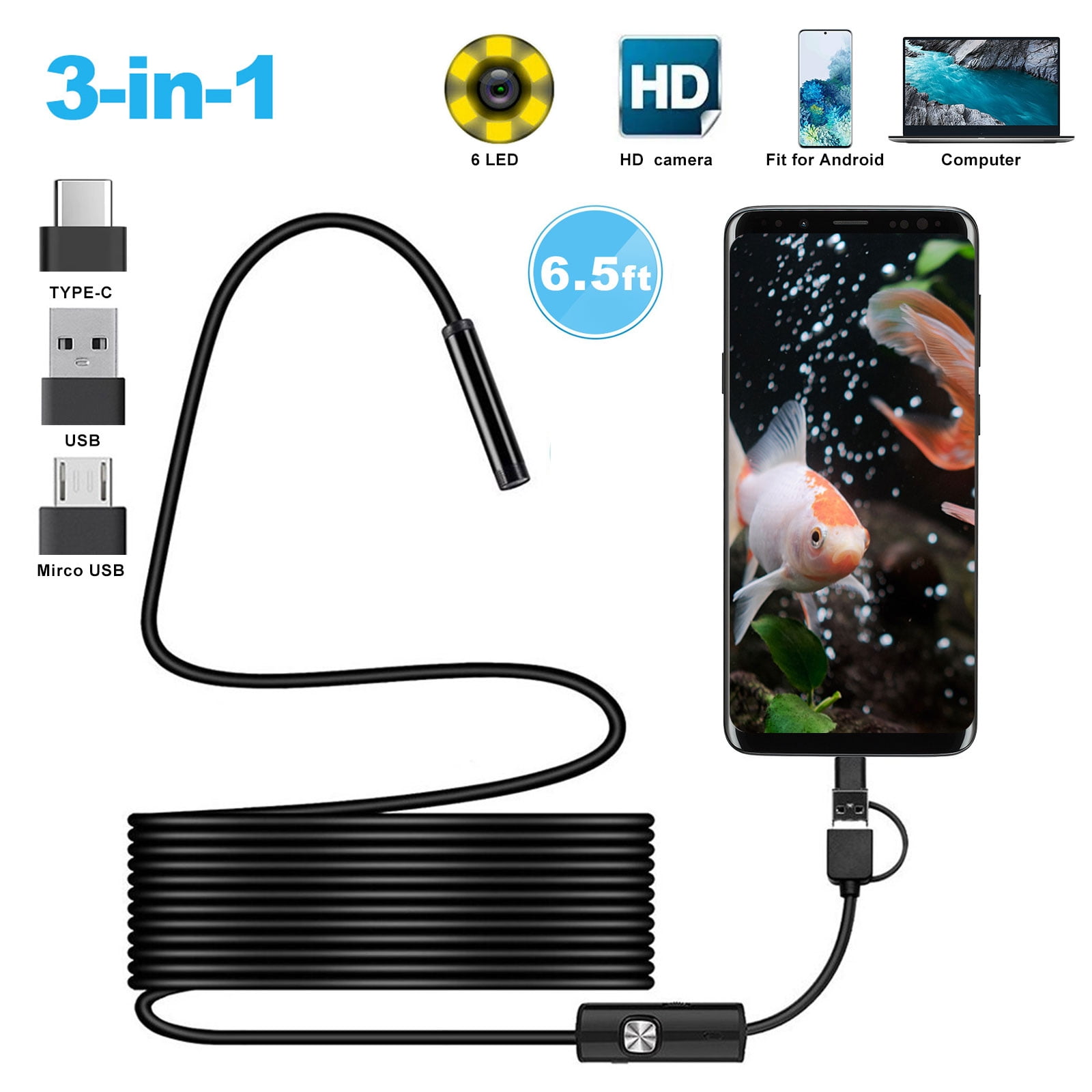 USB Endoscope MASO 2 in 1 IP67 Waterproof Borescope Inspection Camera with 6 Led and 7 M Snake Cable USB Adapter for Android Phone Tablet Device 2 M Cable Length