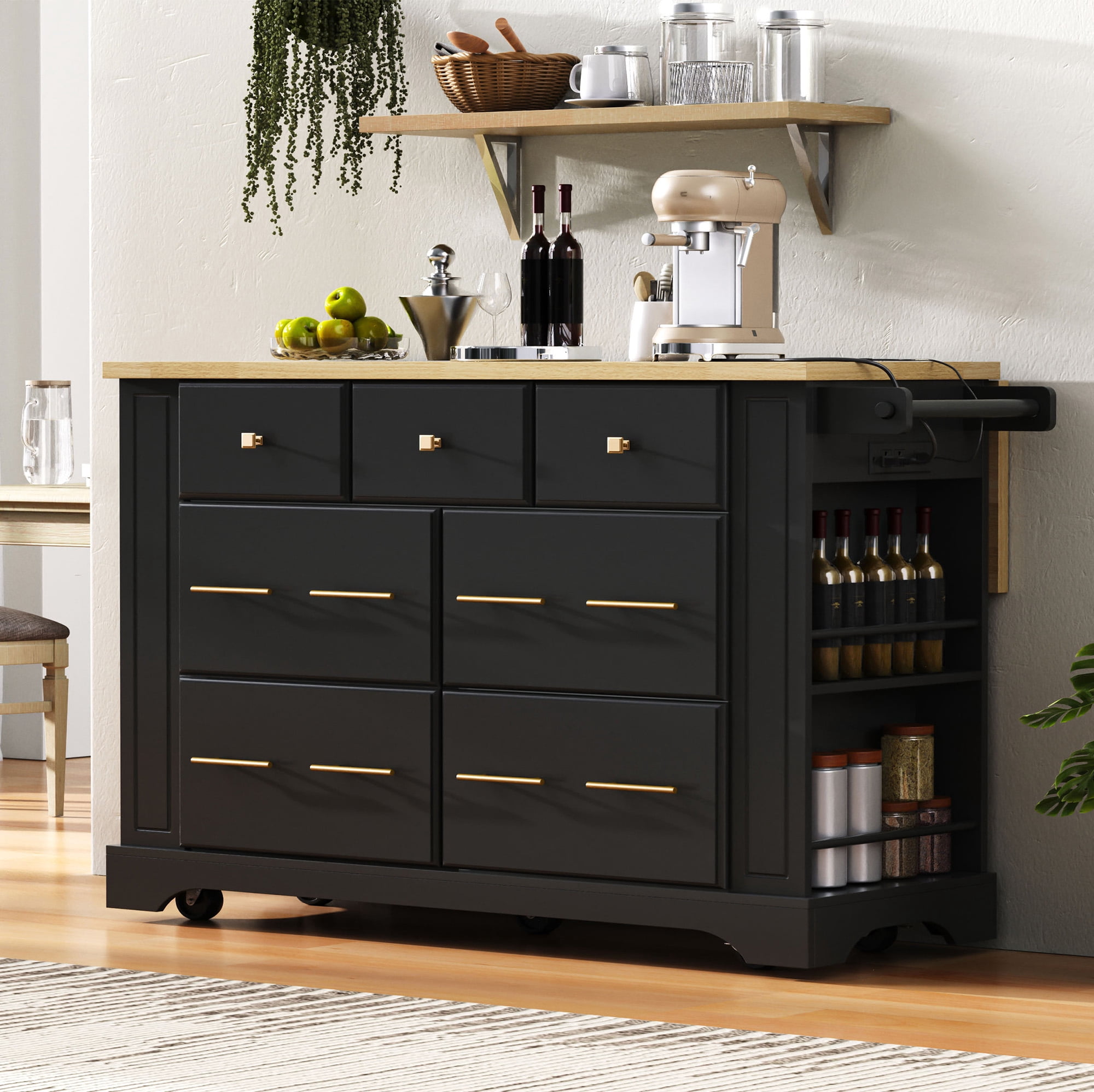 Mintazer 51.2" Kitchen Island Cart with Single Drop Leaf & Power Outlet, Rolling Kitchen Island Table with 6 Drawers, Pull Out Trash Can Storage & 5 Open Side Racks for Kitchen Dining Room, Black