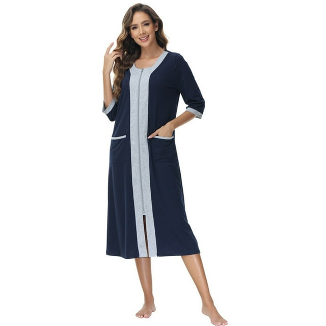 KYAIGUO Robe de Chambre à Manches Longues pour Femmes, Fermeture Éclair, Chemises de Nuit en Coton Doux, Tailles P-2TG, Vêtement de Nuit, Robe de Nuit, Chemise de Sommeil, Robe de Pyjama