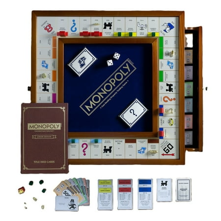 WS Game Company Monopoly Trophy Luxury Edition Board Game – Wood Cabinet with Built-in Storage Drawers, Gold-Tone Tokens, for Adults and Families