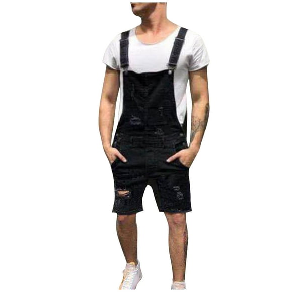 jsaierl Bib Overall Shorts for Men Casual Fashion Solid Breast Pocket Denim Ripped Shorts Straight Type Overalls