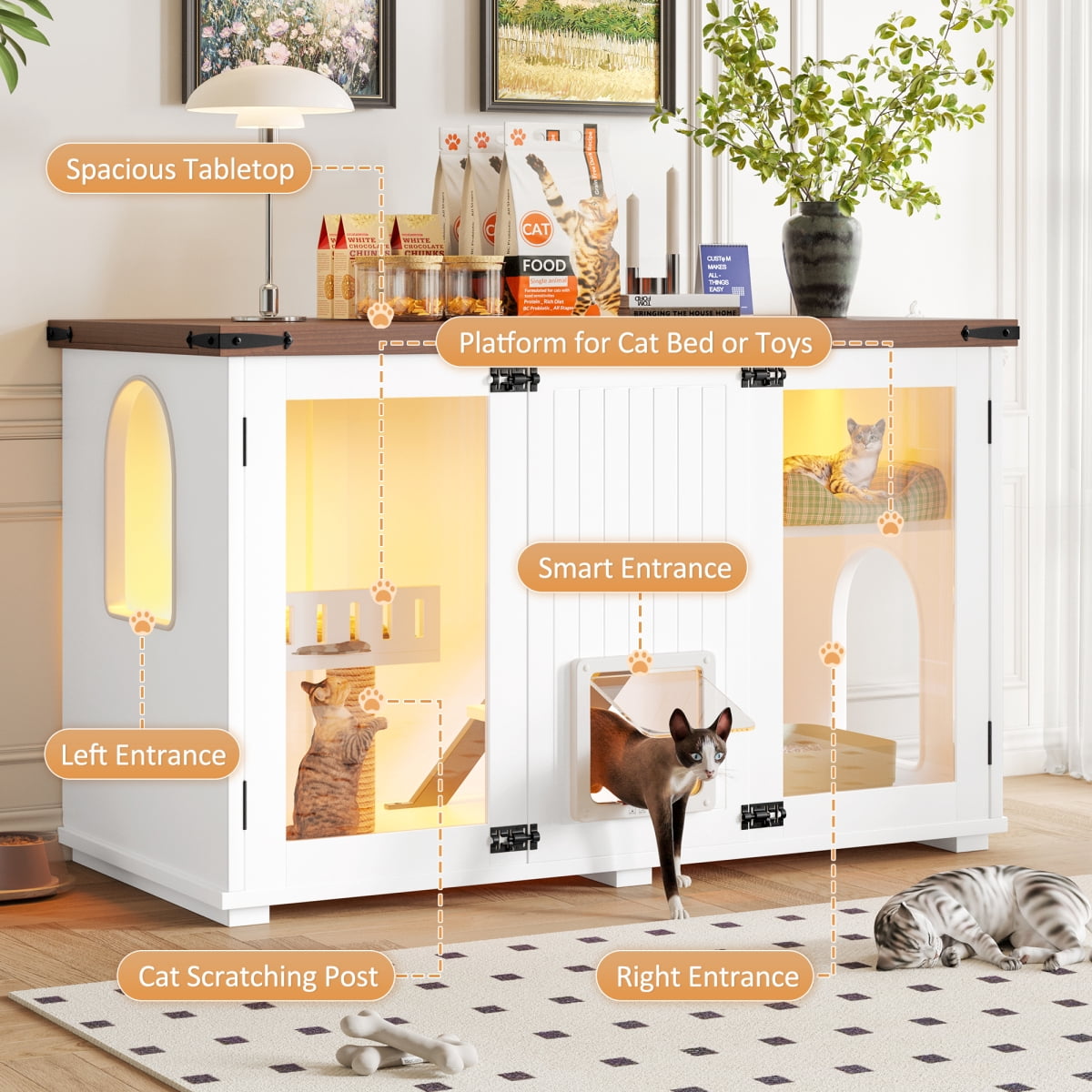 47.25 Large Cat Litter Box Enclosure Furniture with LED Light Hidden Litter Box Cabinet with Cat Scratching Post Stairs & Smart 4 Mode Door Cat House Side Table for Living Room White