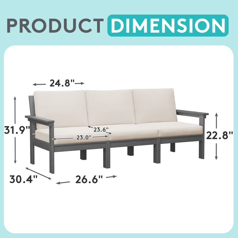 FUNDAZE Oversized HDPE Patio Furniture Sets, 3-Seater Outdoor Conversation Set | For Patio, Poolside, Backyard Use, Grey Frame with Khaki Cushion