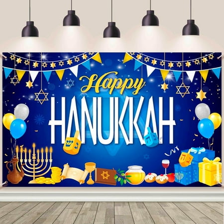6x3.6ft Happy Hanukkah Backdrop Hanukkah Party Decorations Jewish Chanukah Photography Background Banner Menorah Blue Shiny Lamps Happy Hanukkah Party Supplies for Hanukkah Festive Day Banner