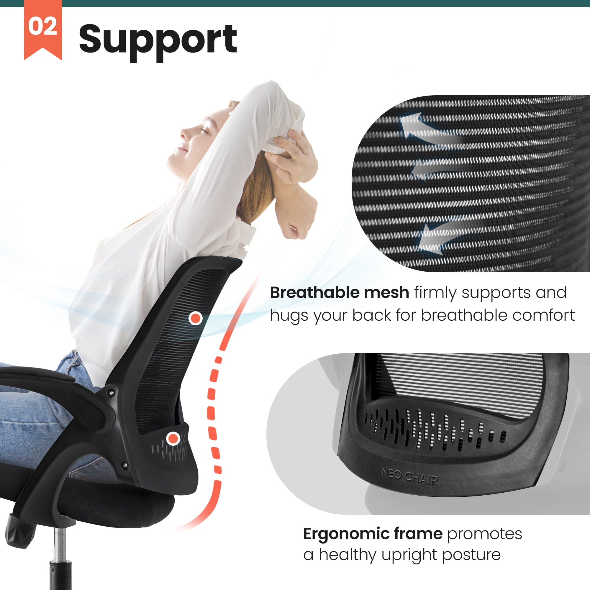 NEO CHAIR Office Chair, Flip-up Padded Armrests Desk Chair, Ergonomic Back Support, Black