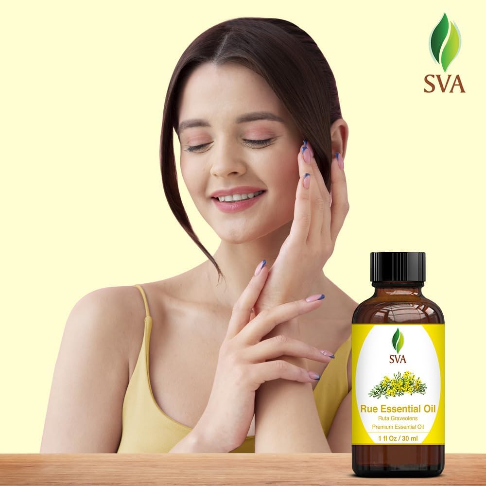 SVA Rue Essential Oil – 1 Fl Oz – 100% Natural Rue Oil - for Diffuser, Hair Care, Face, Skin Care, Aromatherapy, Scalp and Body Massage, Soap and Candle Making - with Dropper