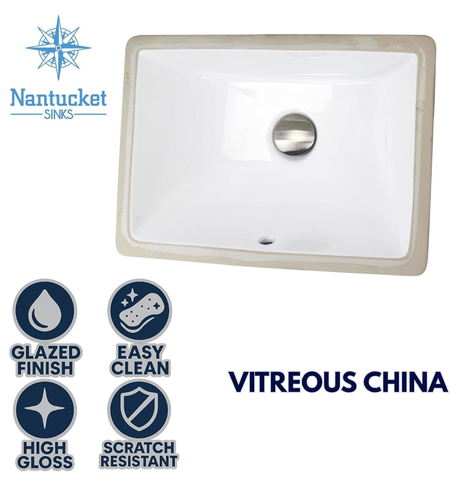 UM-16x11-W, White Undermount Bathroom Sink – 16" x 11" Bath Vanity Sink, Rectangular Bowl, w Overflow, High Gloss White Vitreous China, Scratch & Stain Resistant – Great Point