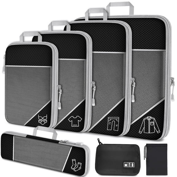 NiHome 7PCS Compression Packing Cube Set Expandable Mesh Travel Bag Luggage Organizers with Electronic Cable Cord Charger Organizer Drawstring Bag for Trip Home Storage Travel Gear Accessories (Black)