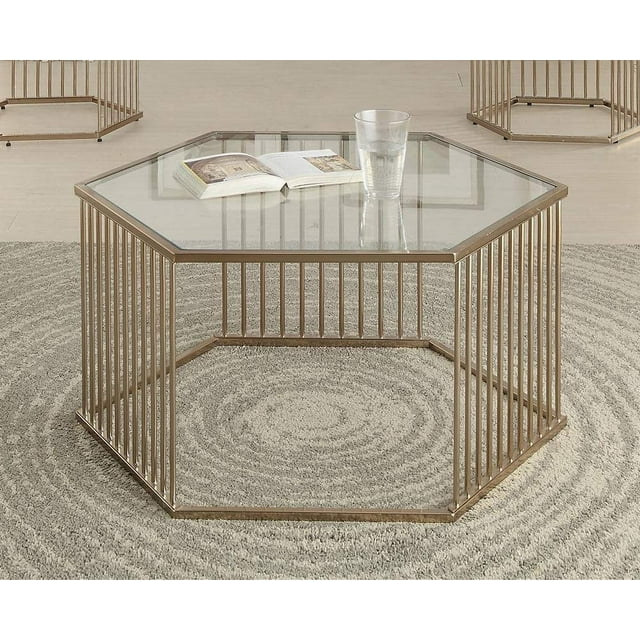 Acme Furniture Oaklie Hexagonal Coffee Table with Clear Glass Top, Champagne