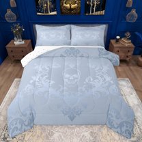jejeloiu Retro Damask Print Bedding Comforter Set,Spooky Gothic Skull Twin Comforter Sets,Blue Baroque Flower Bedding Set For Men Women,Luxury Bedroom Decor Reversible,2-Piece
