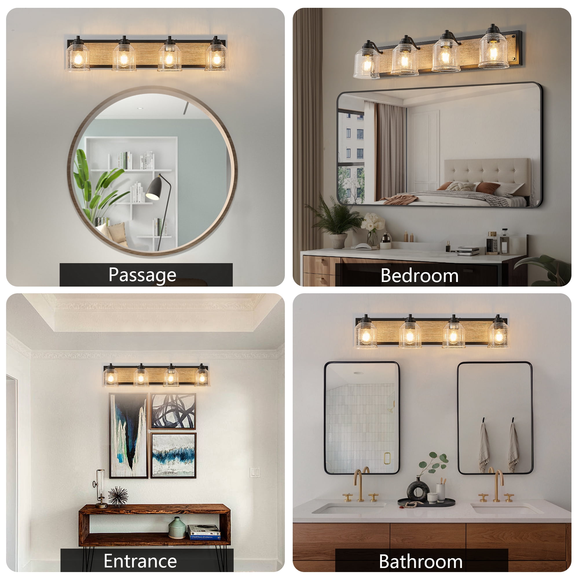 4-Light Farmhouse Bathroom Vanity Light, Brown Metal Vanity Light with Glass Shades,Rustic Wall Sconce Lighting Fixtures Over Mirror for Barhroom,Kitchen 31.5in
