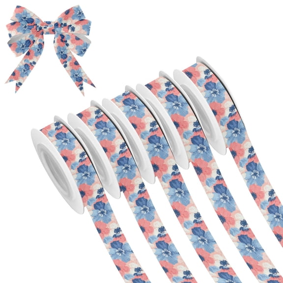5 Rolls Christmas Ribbon 1.5 inch Wide Decorative Ribbon for Gift Wrapping and Holiday Decorations Pink and Blue Large Flowers