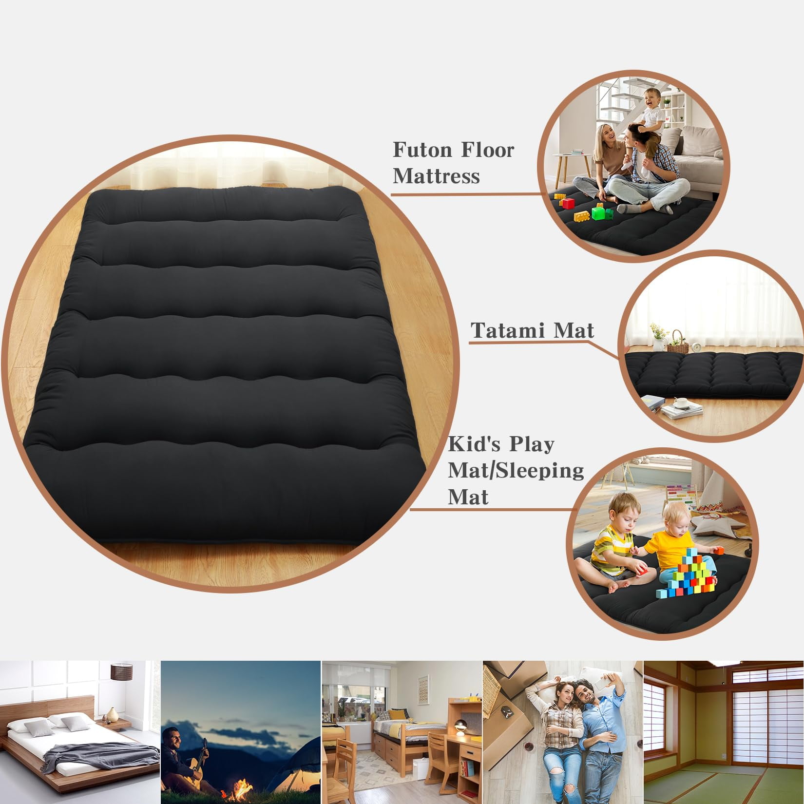 AOILE Japanese Futon Floor Mattress – Wave Pattern Roll-Up Tatami Mat for Sleeping, Camping, Twin/Full/Queen Size